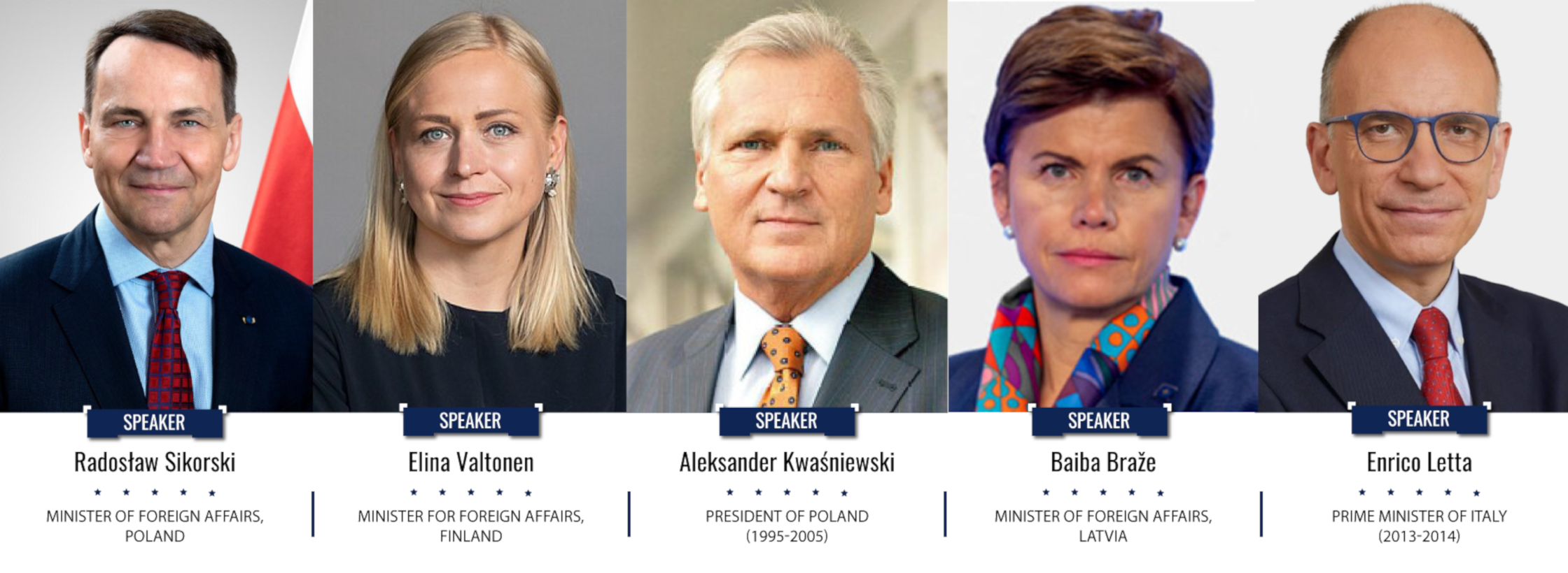 Graphic showing the speakers of the Warsaw Security Forum's Public Dialogue: Radosław Sikorski — Minister of Foreign Affairs (Poland), Elina Valtonen — Minister for Foreign Affairs (Finland), Aleksander Kwaśniewski — President of Poland (1995-2005), Baiba Braže — Minister of Foreign Affairs (Latvia), Enrico Letta — Prime Minister of Italy (2013-2014), Italy