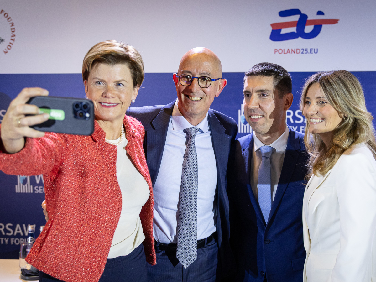 Baiba Braže — Minister of Foreign Affairs, Latvia; Gen. Philippe Lavigne — NATO Supreme Allied Commander Transformation (2021-2024), France; Mihai Popșoi — Deputy Prime Minister, Minister of Foreign Affairs, Moldova; Maia Mazurkiewicz — CEO, PZU Foundation, Poland. The Warsaw Security Forum Public Dialogue organised by the Casimir Pulaski Foundation